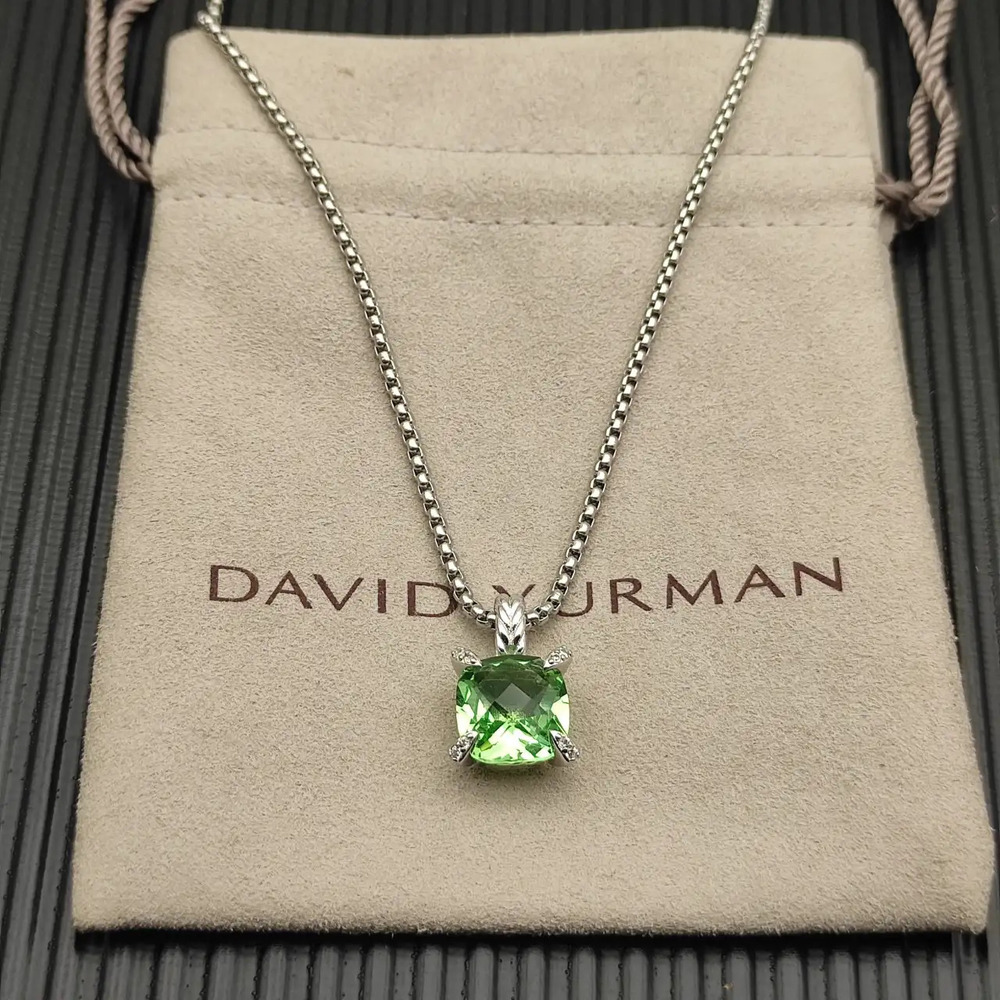 David Yurman Silver Center Stone Gold Four-Prong Green Diamond Necklace